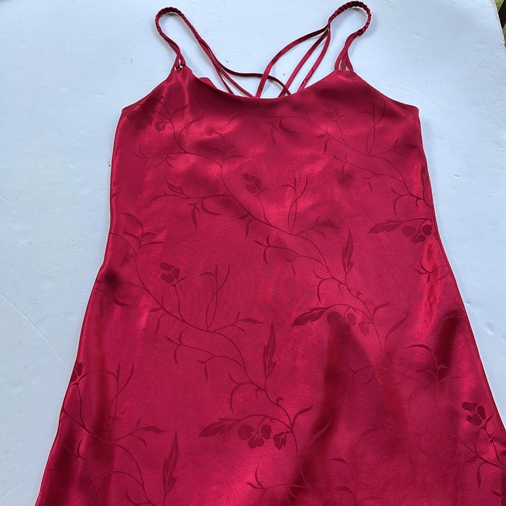 Vintage 90’s Red Satin Printed Strappy Sexy Slip Dress Small Floral Midi Red Hot - Picture 9 of 17